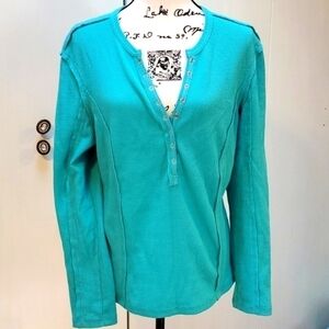 Womens  REVERSE STITCH Vneck Turquoise textured Snap button Top Sz.XL